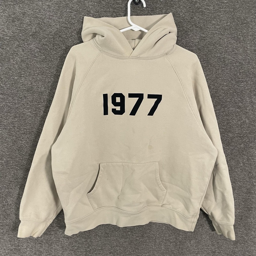 Fear Of God Essentials Hoodie Mens Large Beige 1977 Graphic Fleece Pullover